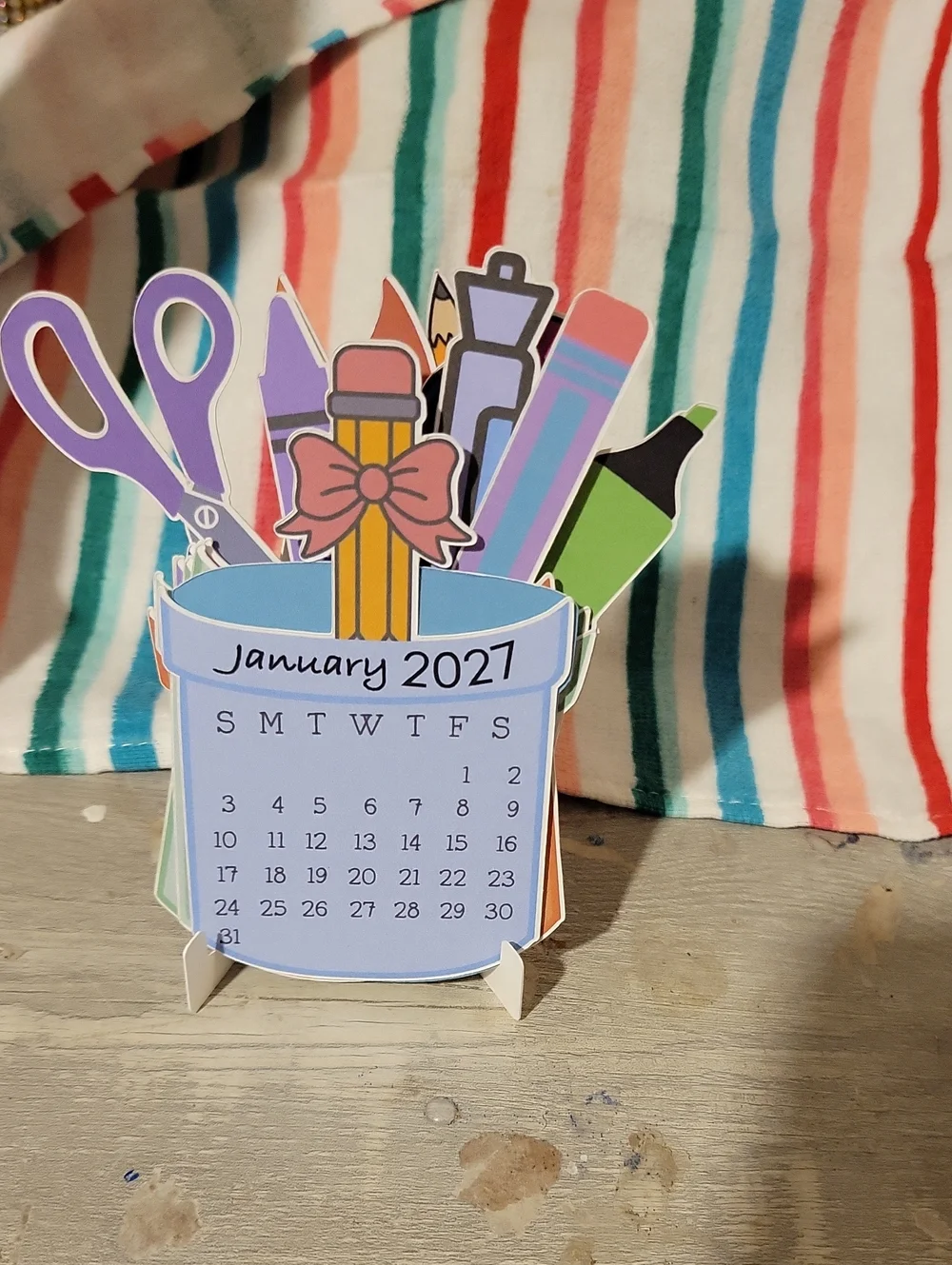 January 2027 Desk Calendar Pen Holder - Multicolor